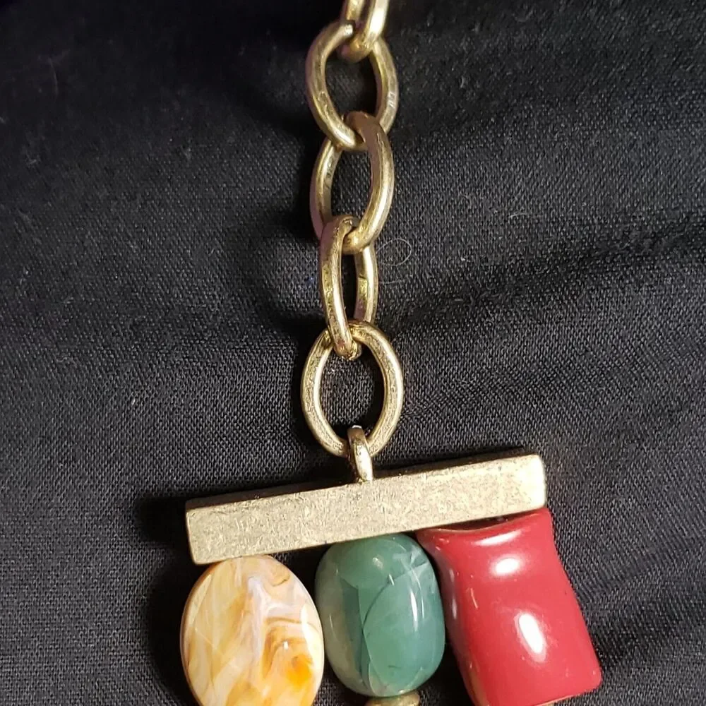 Dana Buchman Signed Three Layer Multicolored Necklace, Matte Yellow Gold Tone
